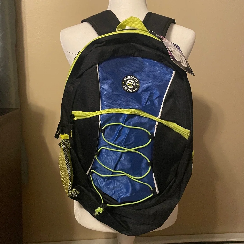 🎒 Arizona Blu Athletic Gear Backpack w/ Bungee Cord (Black, Blue, Neon Yellow)